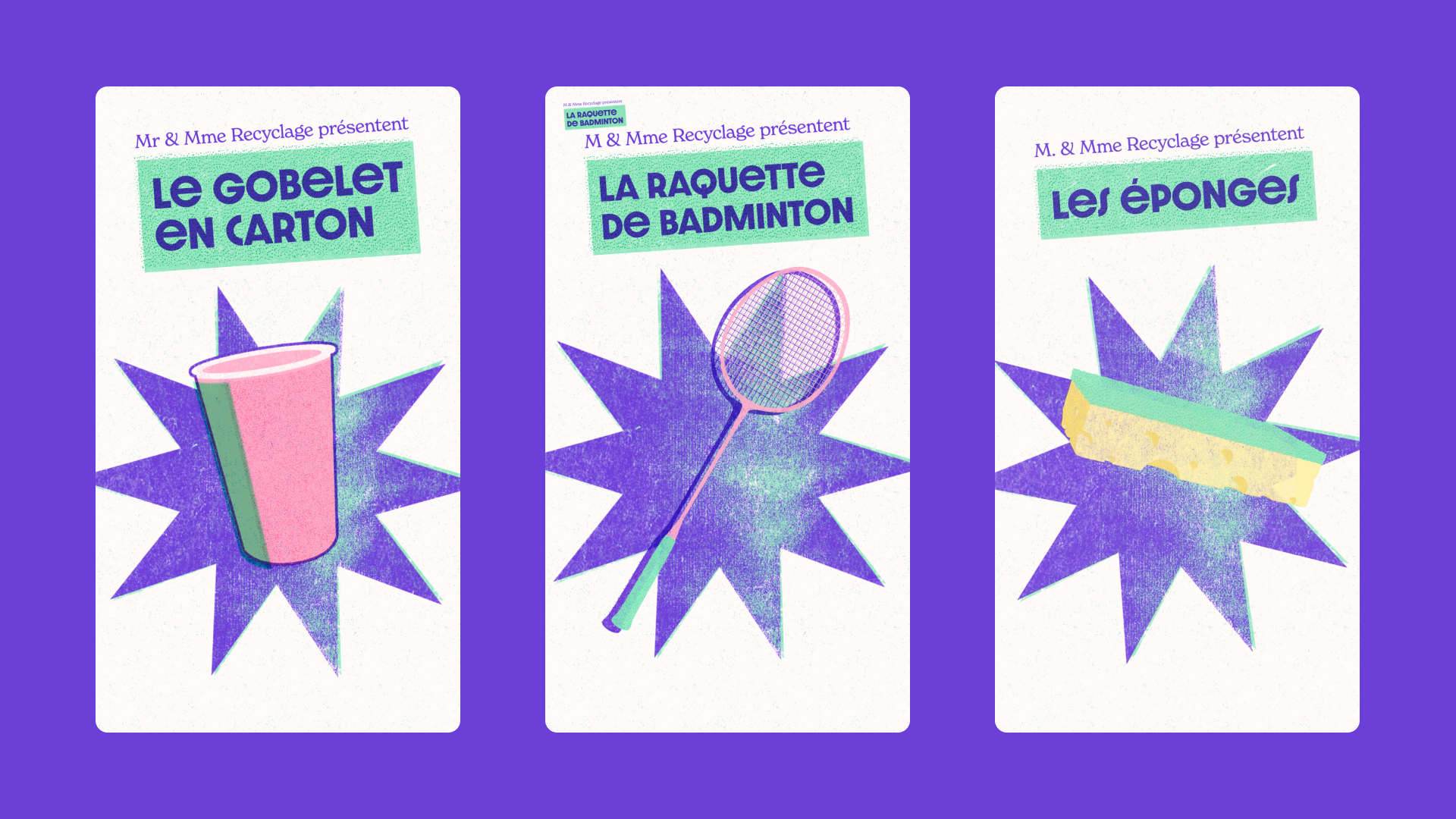 écran d'introduction de 3 vidéos.(La raquette de badminton, le gobelet en carton et les éponges)